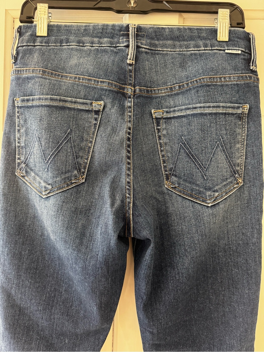 MOTHER Medium Blue Straight Leg Jeans with Back Pocket Stitching